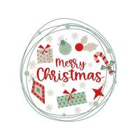 Christmas round vintage design with Merry Christmas text.Retro colors for decorations, balls, gifts, holly. Round cover composition with snowflakes in flat style. Vector illustration. photo