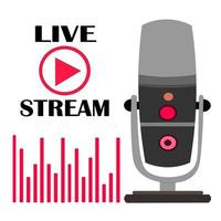 micrófono de estudio para grabar con el eslogan live stream. elemento para transmisión en vivo, logotipo de transmisión en vivo, un ícono con botón de reproducción, radio en línea, tv. ilustración vectorial, plano, estilo de diseño vector