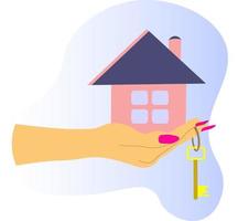 woman's hand in hand holds house and key on her finger. concept of buying, selling house, renting property, offering, demonstrating, handing over keys to house. Vector illustration of flat design