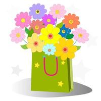 Set of bouquet of multicolored flowers in green paper shopping bag. Vector stock illustration. Flowers for congratulations. Colorful banners for advertising, announcements of new collection and sale