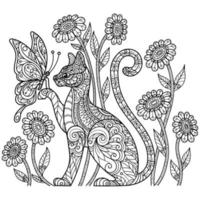 cat and butterfly hand drawn for adult coloring book vector