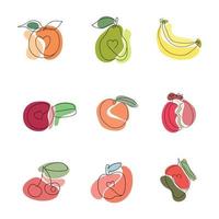 conjunto de frutas dibujando una línea con manchas de color. Ilustración plana abstracta moderna. vector
