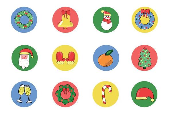 Christmas stickers. Bundle of round highlight stories covers. Retro design for social media.