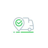 delivery, shipping icon with van and mark, linear vector