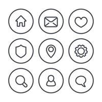 Basic web icons on white, linear style, settings, login, security, home, search, favourite, contact us, profile, users, chat, message, mail vector