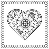 mehndi flower with frame in shape of heart. decoration in ethnic oriental, doodle ornament. vector
