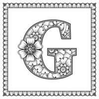 letra g hecha de flores en estilo mehndi. página de libro para colorear. Ilustración de vector de dibujo a mano de contorno.