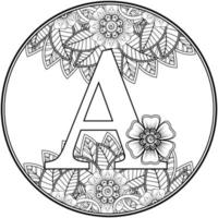 Letter A made of flowers in mehndi style. coloring book page. outline hand-draw vector illustration.