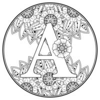 Letter A made of flowers in mehndi style. coloring book page. outline hand-draw vector illustration.