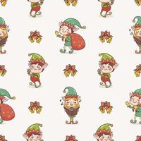 Cartoon christmas seamless pattern with elves characters in hand drawn style vector