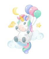 lindo unicornio volando en globos de colores ilustración vector