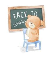 Cute bear standing on a chair with school board illustration vector