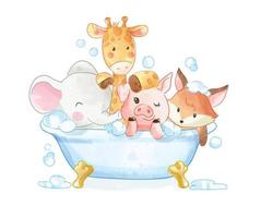 animales lindos de la historieta que se bañan en la ilustración de la tina de baño