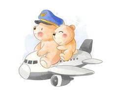 Cute bears pilot couple riding airplane illustration vector