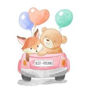 lindos amigos animales en un auto descapotable con globos de colores vector