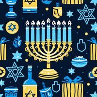 Happy Hanukkah seamless pattern with menorah, dreidels, donuts vector