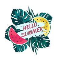 Hello summer vector banner template. Illustration of monstera leaves, watermelon slices and text isolated on a white background.