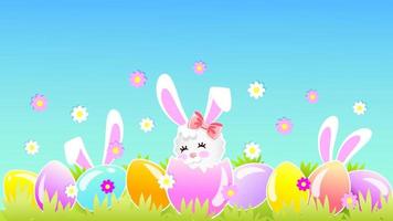 Basket with Easter eggs and funny chicken with bunny ears on the grass. vector