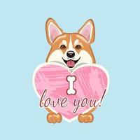 sonriente lindo perro corgi galés con un corazón rosa. vector