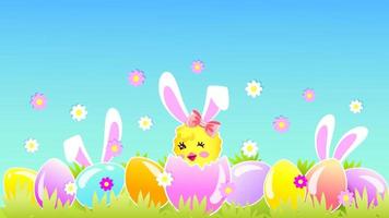 Basket with Easter eggs and funny chicken with bunny ears on the grass. vector