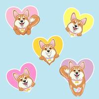Welsh corgi dog on the background of the heart. Set of funny dogs in different versions. vector