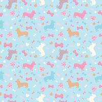 Simless pattern silhouette welsh corgi dog with a pink heart and favorite bones. vector