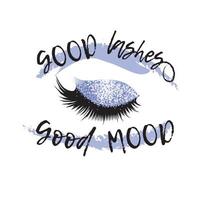 Women's fluffy eyelashes with the quote GOOD eyelashes - good MOOD. The image of a closed eye with glamorous eyelashes and lilac shadows on a white background. vector