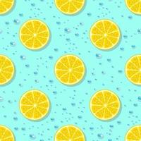 Lemon slices and water drops seamless pattern. Cartoon style. Summer vector illustration.