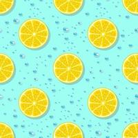 Lemon slices and water drops seamless pattern. Cartoon style. Summer vector illustration.