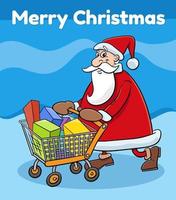 greeting card with cartoon Santa Claus pushing shopping cart with presents vector