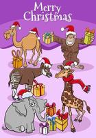 Ilustración de tarjeta de felicitación con animales de dibujos animados con regalos de Navidad vector