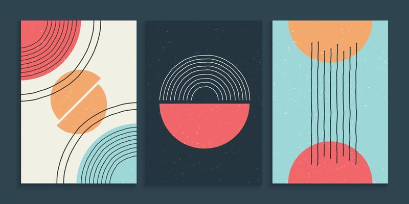 Minimalist wall art with colorful primitive shapes elements in grunge background