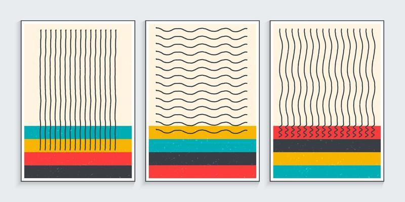 Minimalist design posters with primitive wavy lines in vintage colors