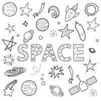 vector conjunto de objetos espaciales. elementos del espacio en blanco y negro con planeta, estrella, nave espacial, satélite, luna, sol, asteroide. símbolos en blanco y negro. página para colorear para niños