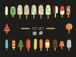 Vector illustration of colorful ice-cream. Bright ice set. Cheerful collection of sweet summer dessert. Drawing of ice isolated on beige background.