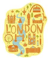 Hand drawn map of London in cartoon style. Main English attractions and places of interest. Background for travel guide or poster vector