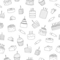 Vector seamless pattern of black and white cakes with candles. Birthday repeat backdrop. Linear art repeat texture of sweet bakery goods. Graphic drawing of cakes and candies