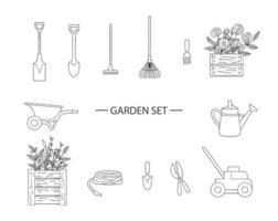 Vector set of black and white garden tools, flowers, herbs, plants. Monochrome  pack of spade, shovel, rakes, wheel barrow, watering can, shears, lawn mower, hose, trowel, hand fork