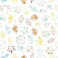 Vector seamless pattern of colored hand drawn textured leaf. Autumn repeat background with isolated colorful birch, maple, oak, rowan, chestnut, hazel, linden, alder, aspen, elm, poplar leaves