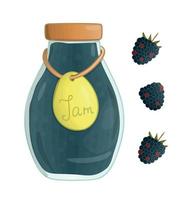 Vector illustration of colored jar with blackberry jam. Raspberry, pot with marmalade isolated on white background. Watercolor effect