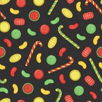 Vector colored seamless pattern of Christmas or New Year elements on black textured background. Colorful repeating background with sweets, lolly, candy cane.