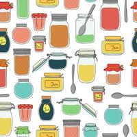 Vector seamless pattern of colored jam jars. Colorful vintage repeat background with preserved food in pots.