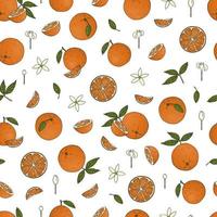 Vector colored seamless pattern of oranges. Colorful repeating background with citrus fruit, leaves, flowers, twigs. Fresh food illustration