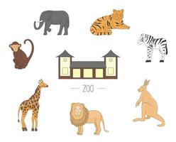 Vector illustration zoo animals isolated on white background. Colored set of giraffe, tiger, elephant, lion, zebra, monkey, kangaroo. Picture of zoo for children.