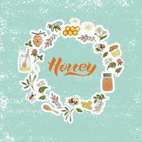 Vector colored set of honey elements framed in circle. Natural organic honey vector banner with lettering. Colorful honey stickers collection isolated on textured background.