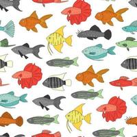 Vector colored seamless pattern of aquarium fish. Repeating background with molly, guppy, platyfish, goldfish, danio, scalare, cichlasoma, ancistrus, gourami. Underwater illustration for pet shops