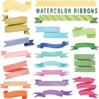 Set of watercolor painted Ribbon, Ribbon banner, Tag clipart. Hand drawn isolated on white background vector