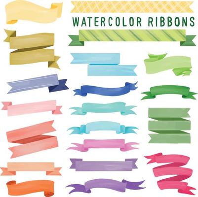Set of watercolor painted Ribbon, Ribbon banner, Tag clipart. Hand drawn isolated on white background