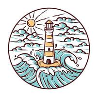 views of lighthouse and waves illustration