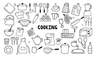 conjunto de garabatos de herramientas de cocina. equipos de cocina dibujados a mano. Ilustración vectorial sobre fondo blanco. ilustración vectorial para el menú del restaurante, el libro de recetas y el papel tapiz. vector